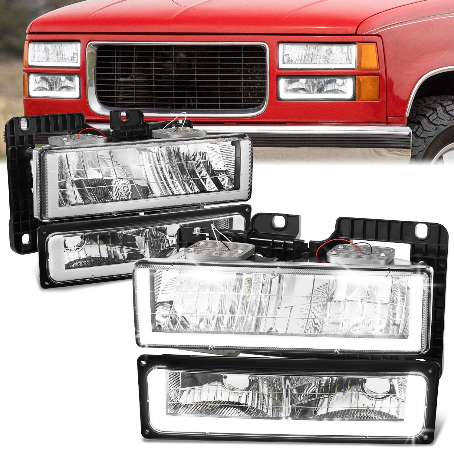 DNA Motoring, 4pcs U-Shape LED DRL Headlight Set (Chrome) 88-02 Chevy GMC C10 C/K Pickup, Suburban