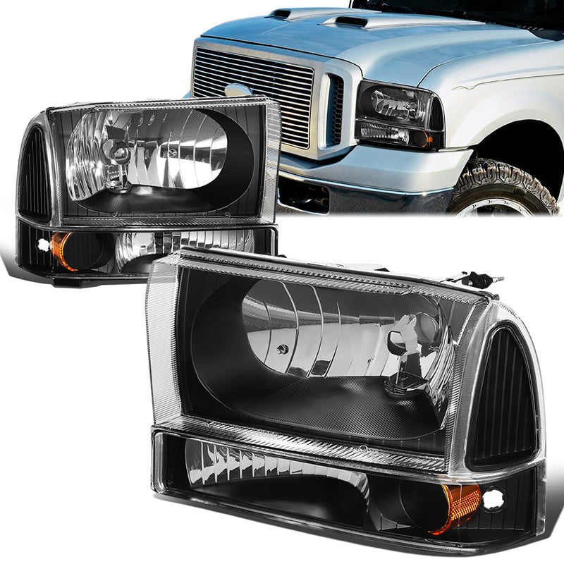 DNA Motoring, 99-04 Ford F250 F350 F450 F550 Super Duty Headlights+Bumper Lamp - Black Housing Amber Corner