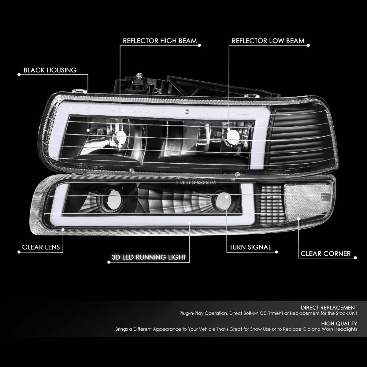 DNA Motoring, 99-06 Chevrolet Silverado Suburban C-Style LED DRL Headlights + Bumper Lamps Black