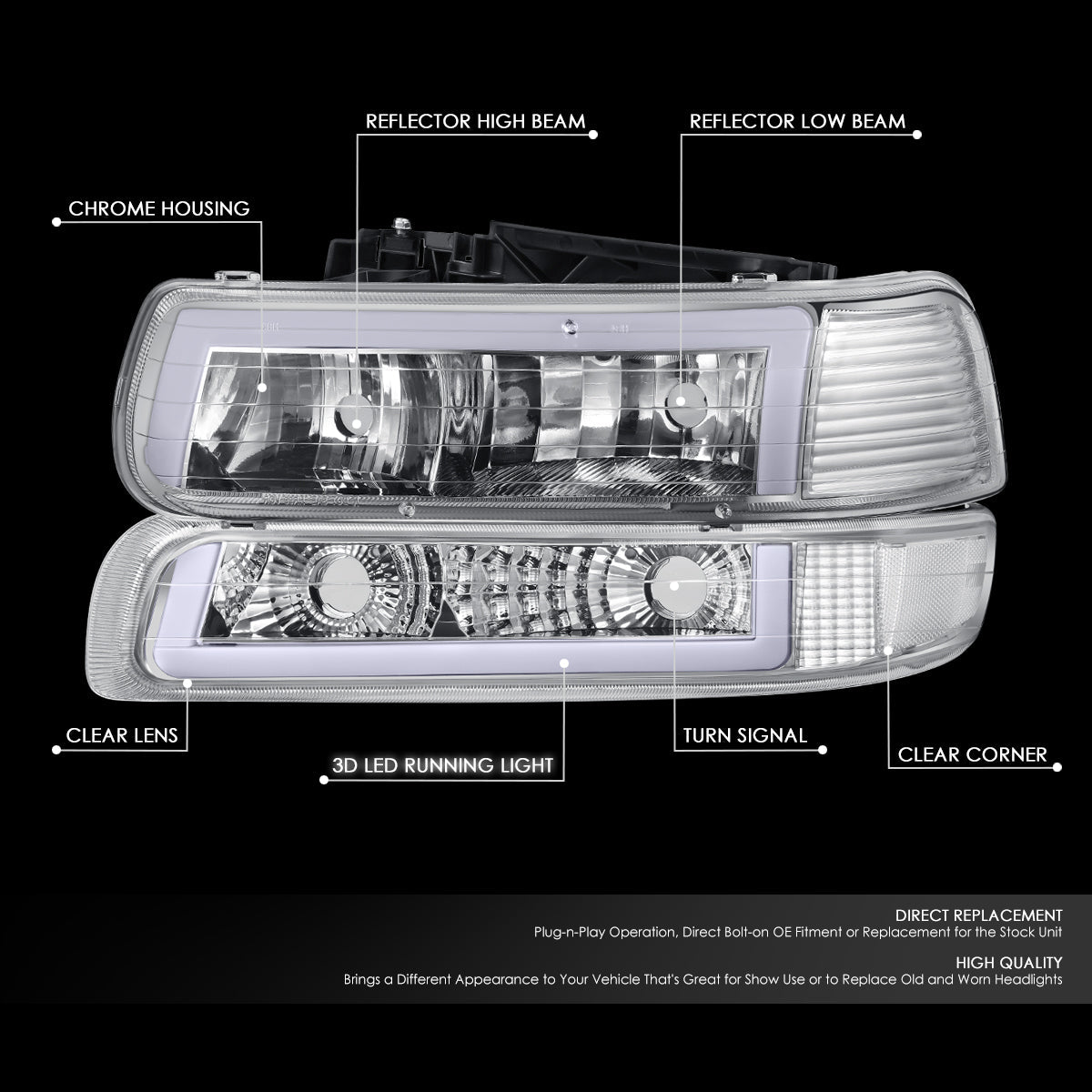 DNA Motoring, 99-06 Chevrolet Silverado Suburban C-Style LED DRL Headlights + Bumper Lamps Chrome