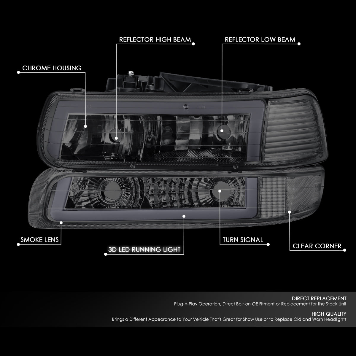 DNA Motoring, 99-06 Chevrolet Silverado Suburban C-Style LED DRL Headlights + Bumper Lamps Smoked