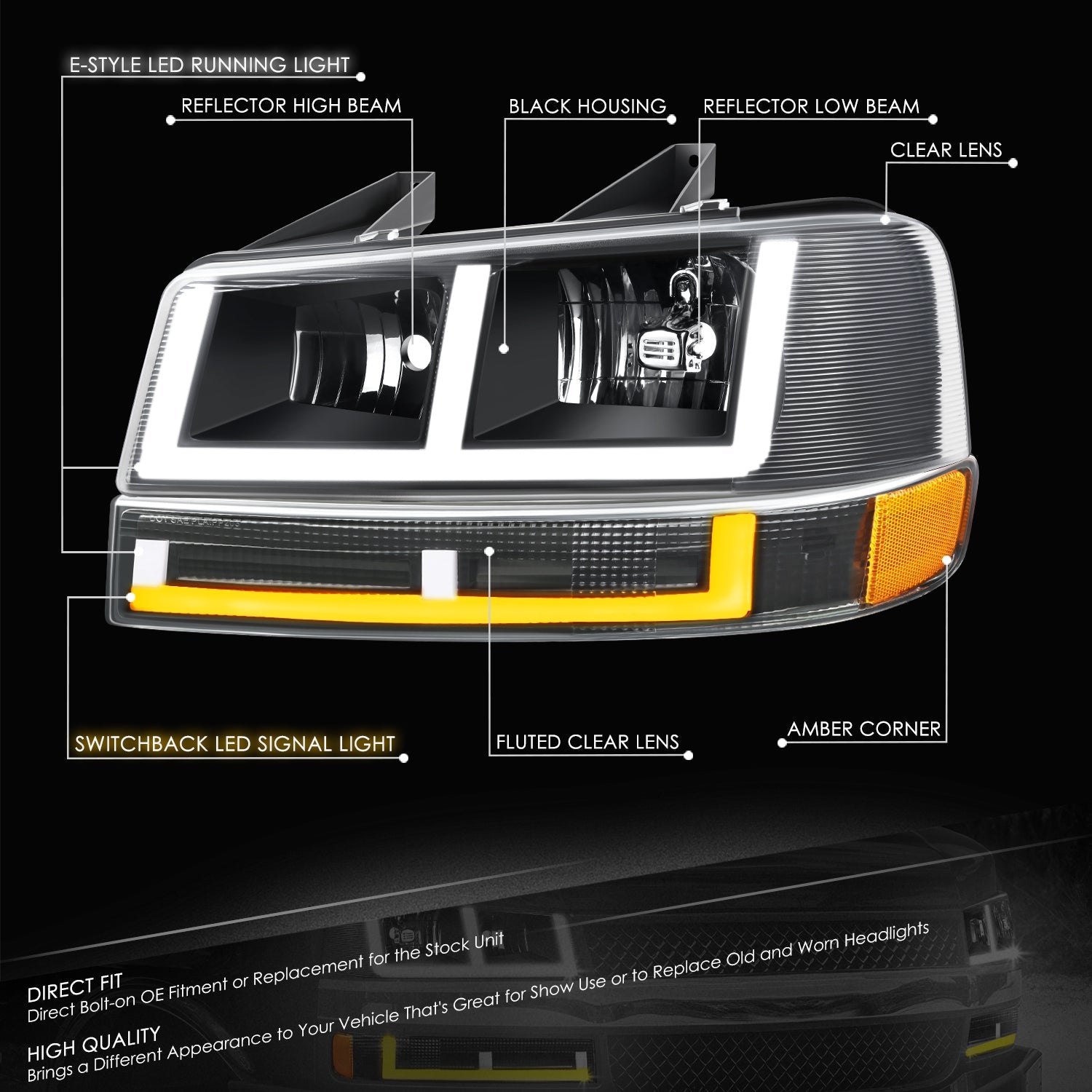 DNA Motoring, E-Style Bar Switchback LED Headlights 03-23 Checy Express, GMC Savana, 1500-4500