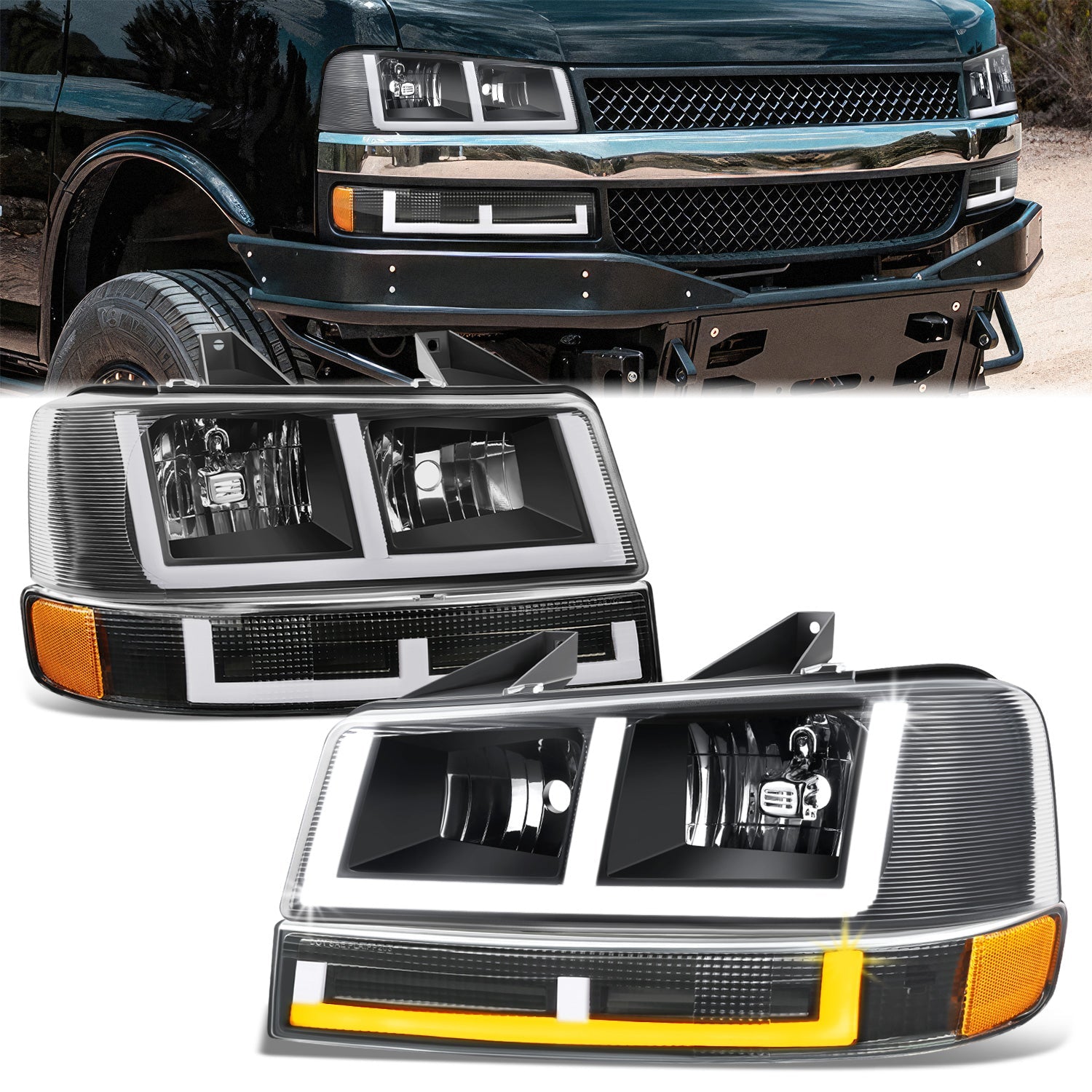 DNA Motoring, E-Style Bar Switchback LED Headlights 03-23 Checy Express, GMC Savana, 1500-4500