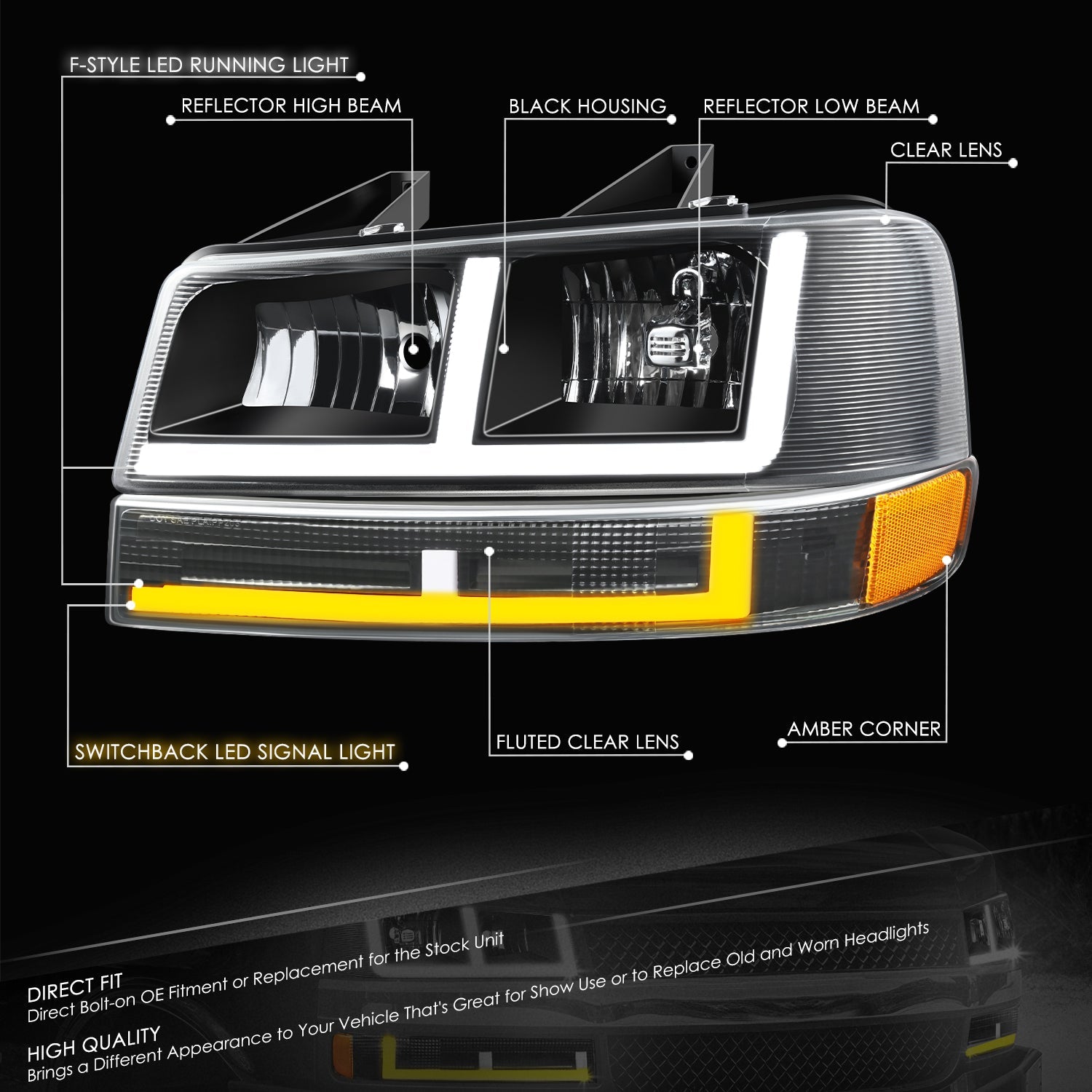 DNA Motoring, F-Style Bar Switchback LED Headlights 03-23 Checy Express, GMC Savana, 1500-4500