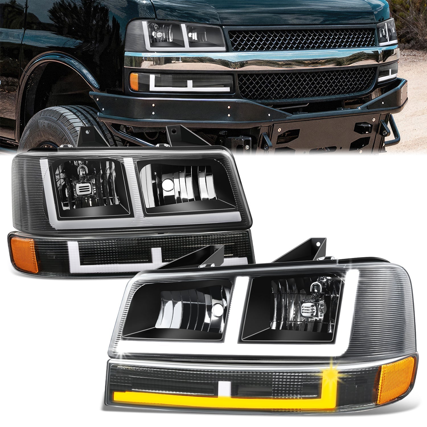 DNA Motoring, F-Style Bar Switchback LED Headlights 03-23 Checy Express, GMC Savana, 1500-4500