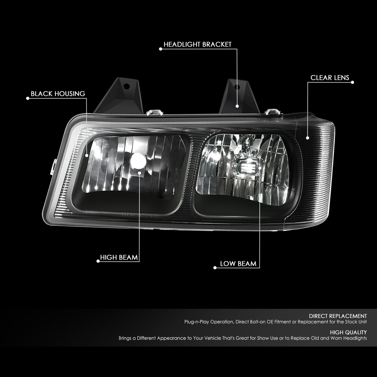 DNA Motoring, Left Factory Replacement Headlight (Black) 03-23 Chevy Express, GMC Savana