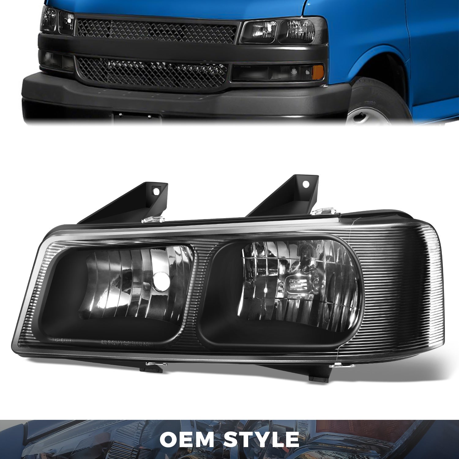 DNA Motoring, Left Factory Replacement Headlight (Black) 03-23 Chevy Express, GMC Savana