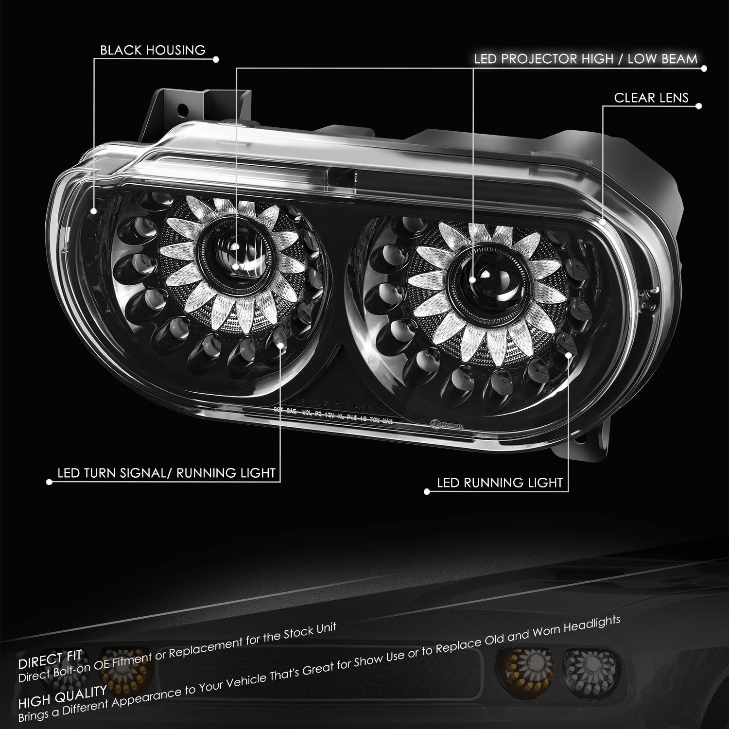 DNA Motoring, Nuvision Lighting  Full LED Projector Headlights  08-14 Dodge Challenger