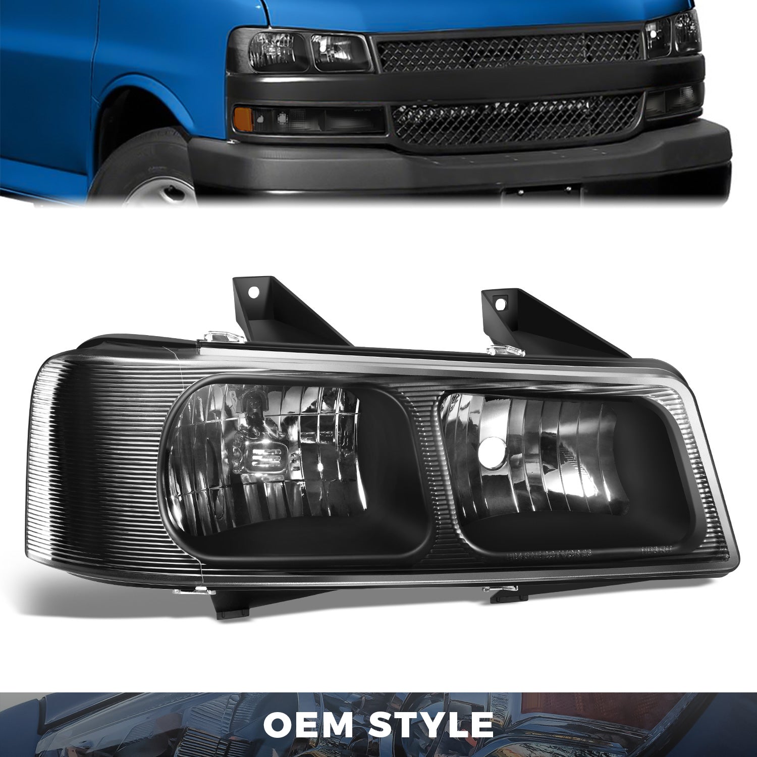 DNA Motoring, Right Factory Replacement Headlight (Black) 03-23 Chevy Express, GMC Savana