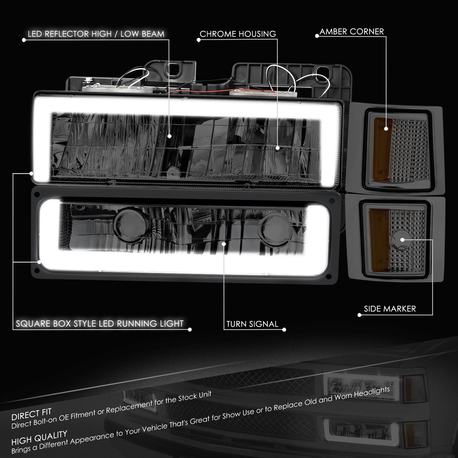 DNA Motoring, Square Box Style LED Headlights 94-00 Chevy C/K 1500-3500, 95-00 Tahoe