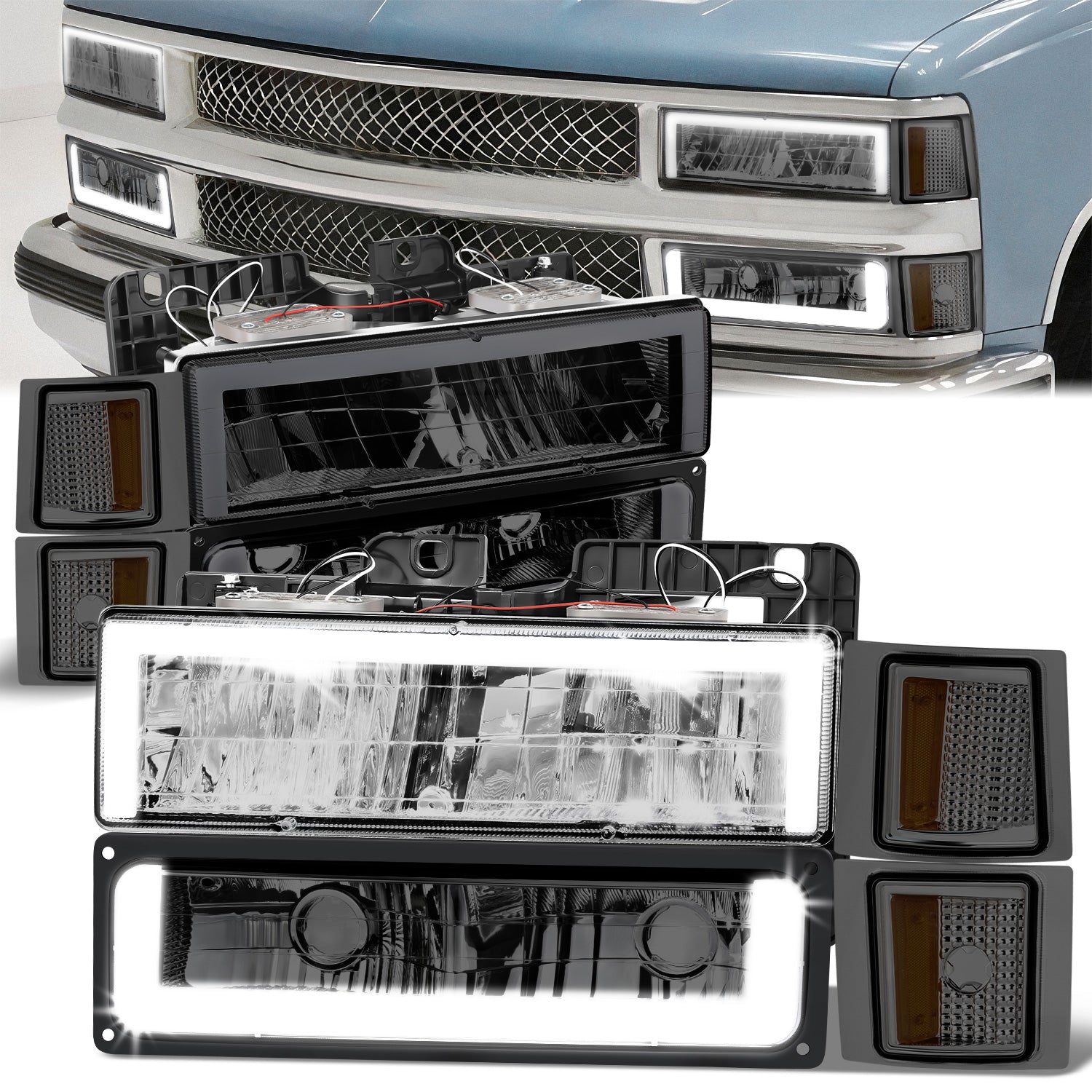 DNA Motoring, Square Box Style LED Headlights 94-00 Chevy C/K 1500-3500, 95-00 Tahoe