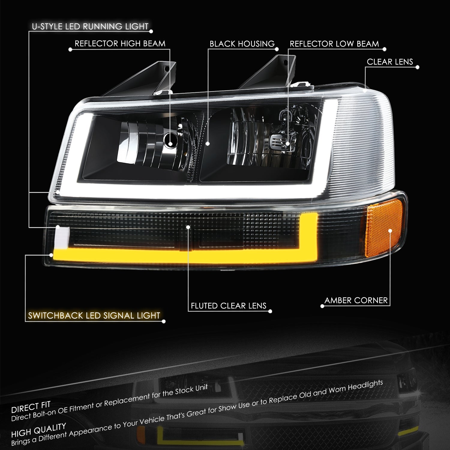 DNA Motoring, U-Style Bar Switchback LED Headlights 03-23 Checy Express, GMC Savana, 1500-4500