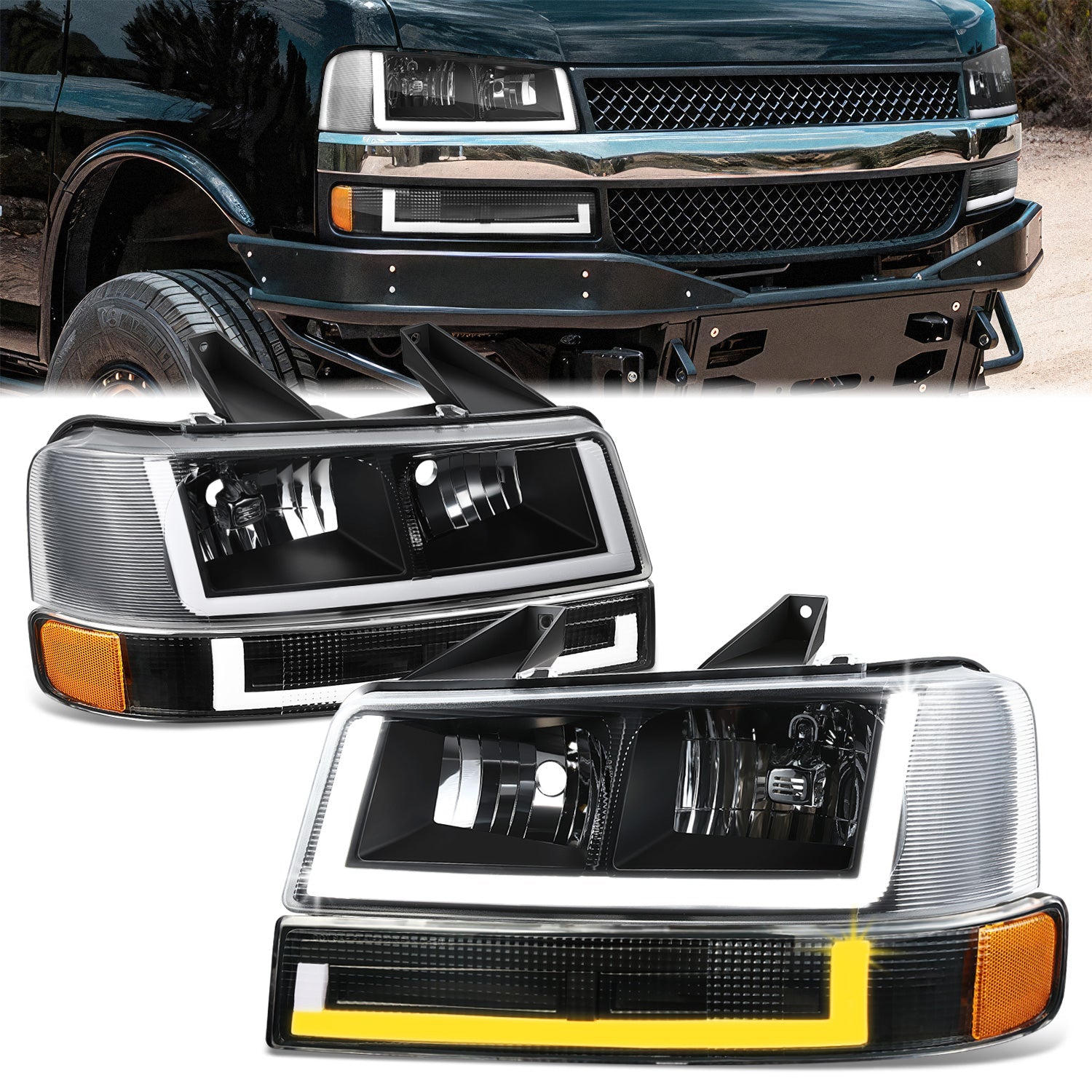 DNA Motoring, U-Style Bar Switchback LED Headlights 03-23 Checy Express, GMC Savana, 1500-4500